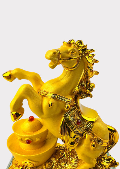 Golden Horse with Gold Ingots – Crystal Base Feng Shui Figurine for Wealth and Success