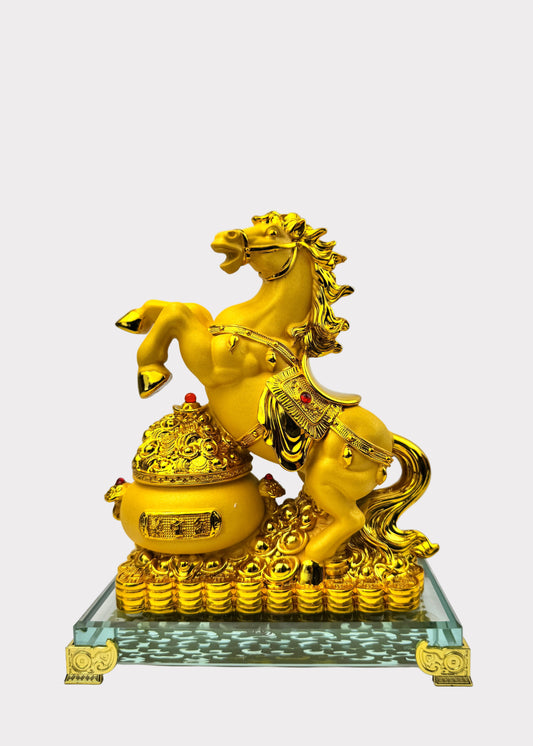 Golden Horse of Wealth – Crystal Base Figurine for Prosperity and Success