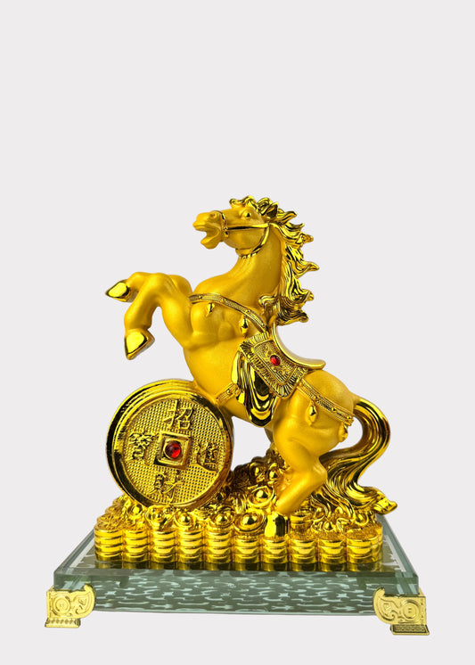 Golden Horse with Wealth Coin – Crystal Base Feng Shui Figurine for Success and Prosperity