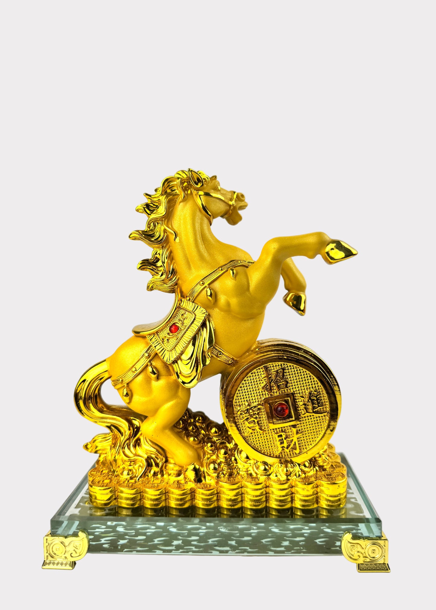 Golden Horse with Wealth Coin – Crystal Base Feng Shui Figurine for Success and Prosperity
