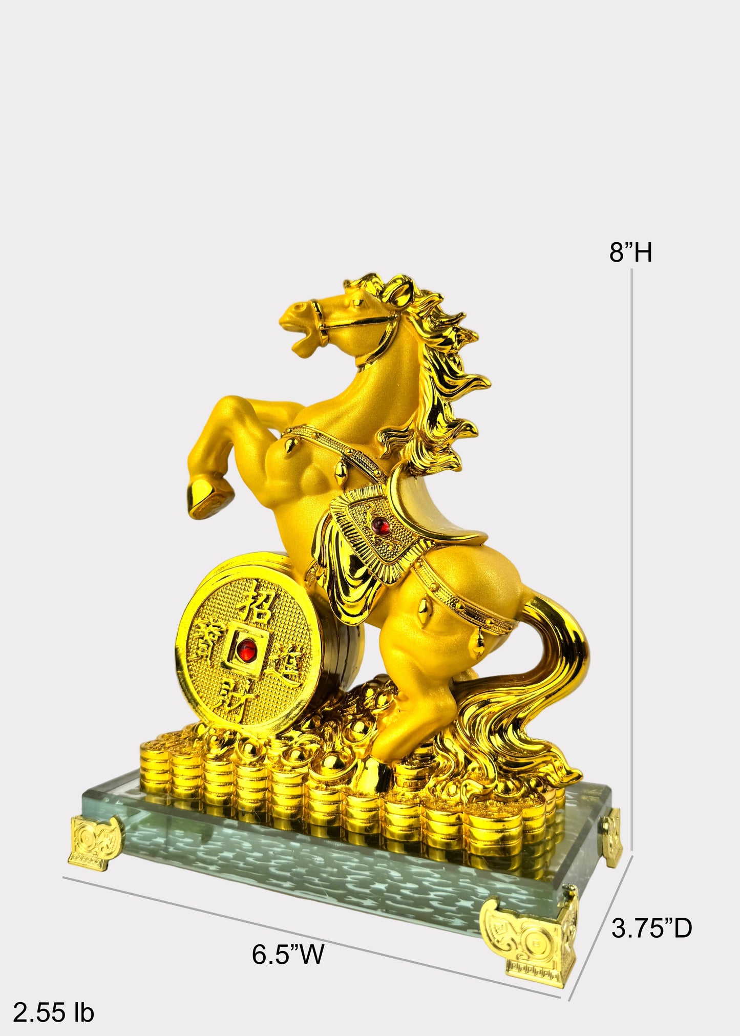 Golden Horse with Wealth Coin – Crystal Base Feng Shui Figurine for Success and Prosperity