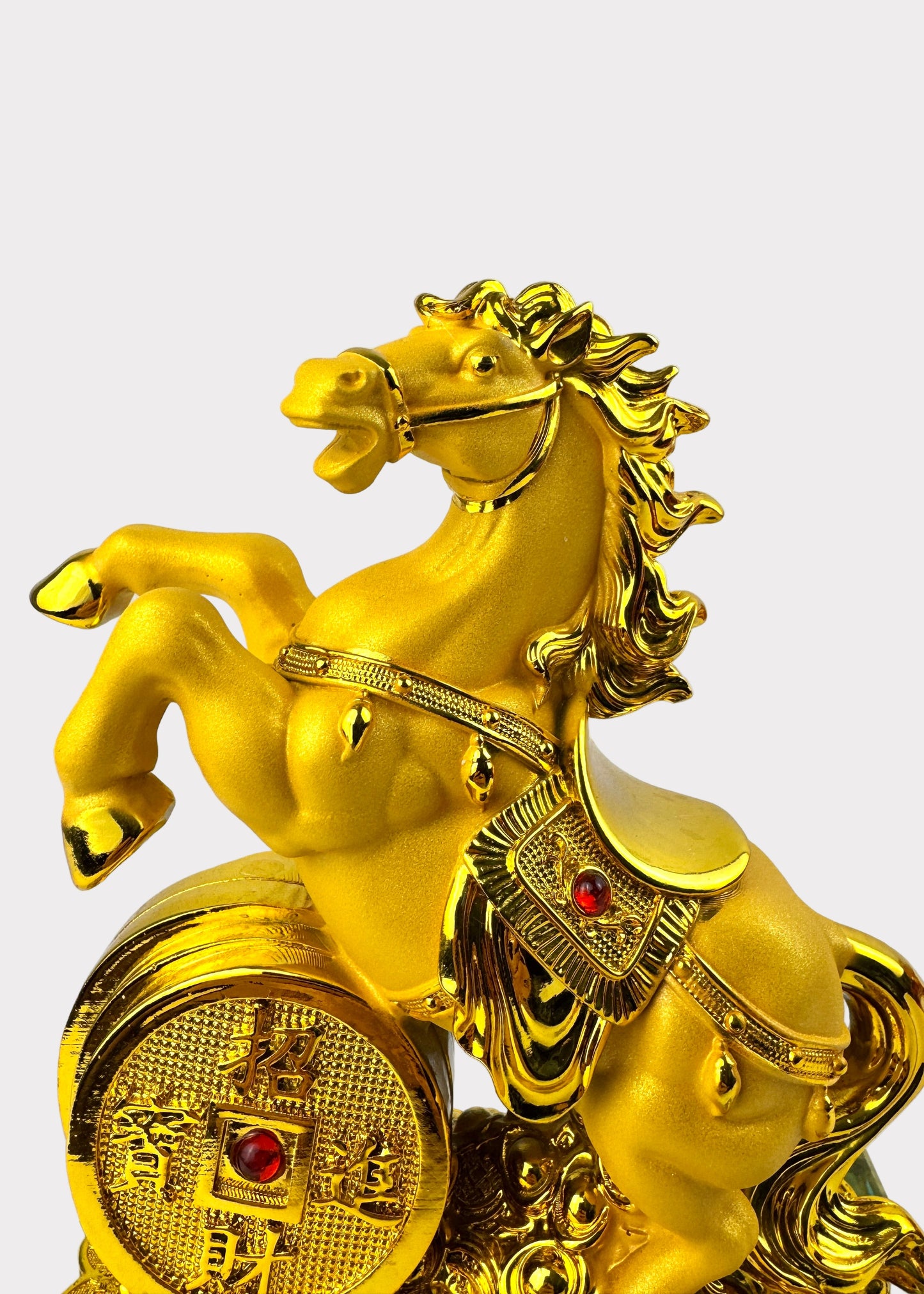 Golden Horse with Wealth Coin – Crystal Base Feng Shui Figurine for Success and Prosperity
