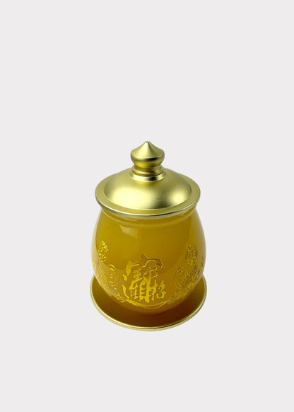 Yellow Jade Finish Offering Cup with Gold-Tone Metal Lid & Base