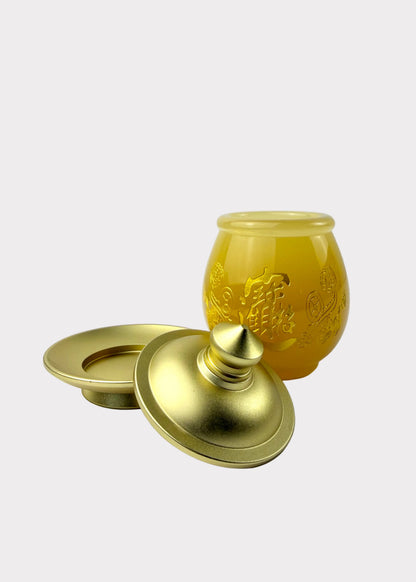 Yellow Jade Finish Offering Cup with Gold-Tone Metal Lid & Base