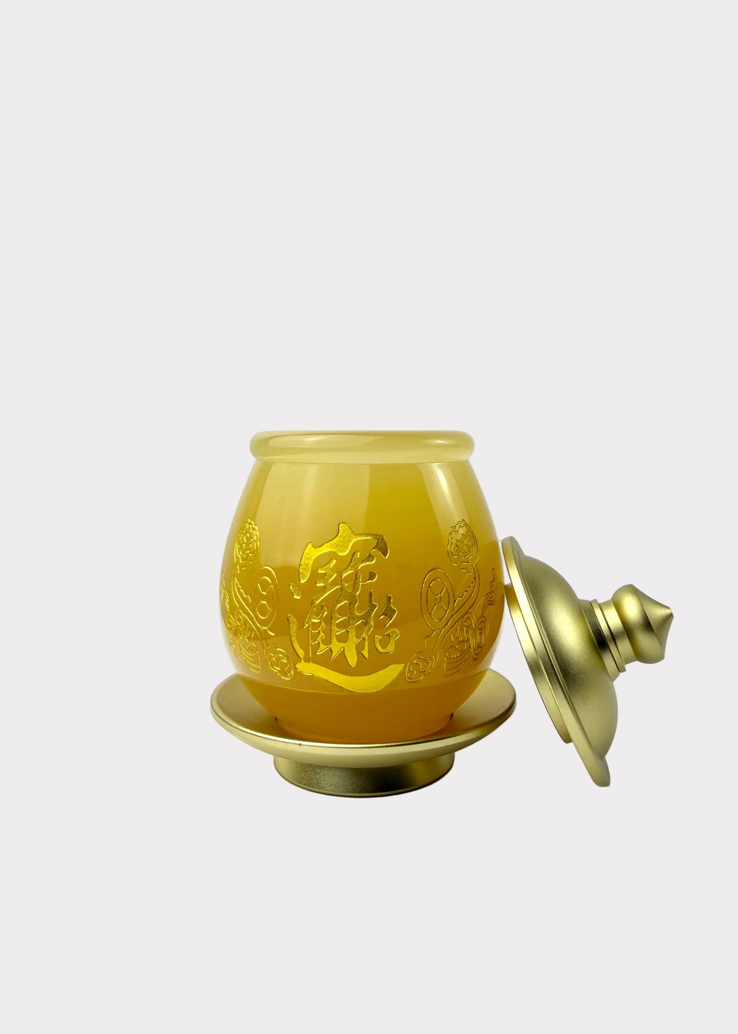 Yellow Jade Finish Offering Cup with Gold-Tone Metal Lid & Base