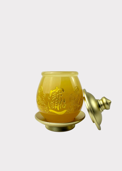 Yellow Jade Finish Offering Cup with Gold-Tone Metal Lid & Base