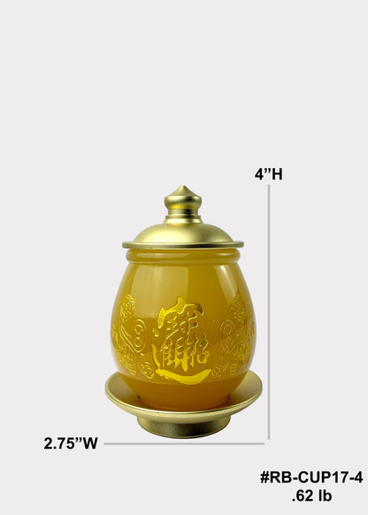 Yellow Jade Finish Offering Cup with Gold-Tone Metal Lid & Base