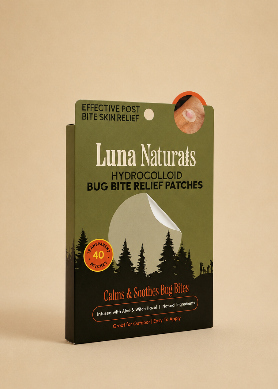 Luna Naturals hydrocolloid bug bite relief patches packaging on a beige background