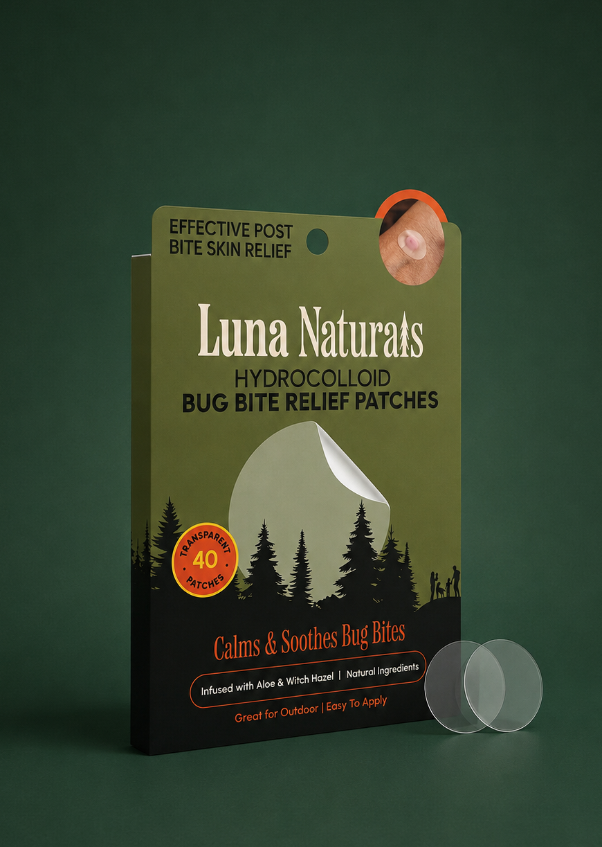 Luna Naturals hydrocolloid bug bite relief patches packaging on a green background