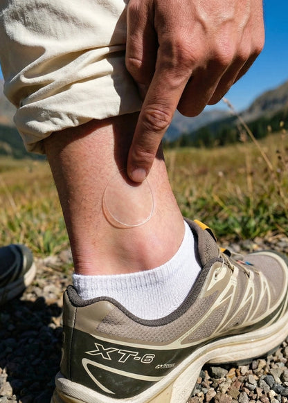 Person wearing a hiking shoe with an ankle support device in a mountainous area
