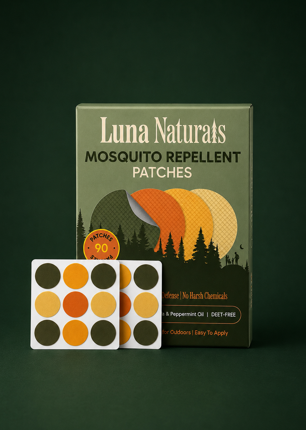 Luna Naturals mosquito repellent patches packaging on a dark green background