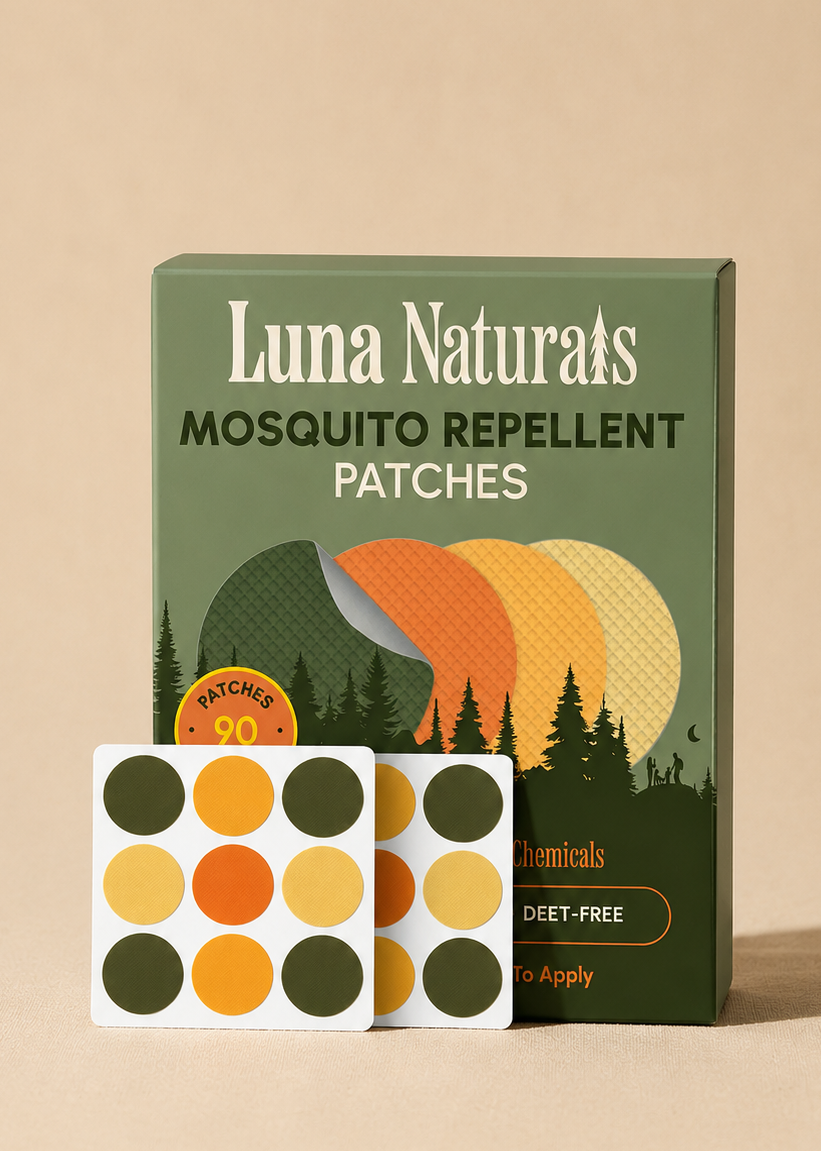 Luna Naturals mosquito repellent patches packaging on a beige background