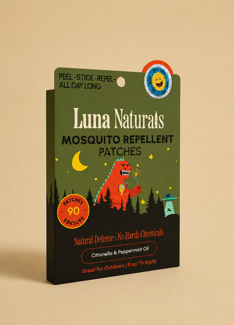 Luna Naturals mosquito repellent patches packaging on a beige background