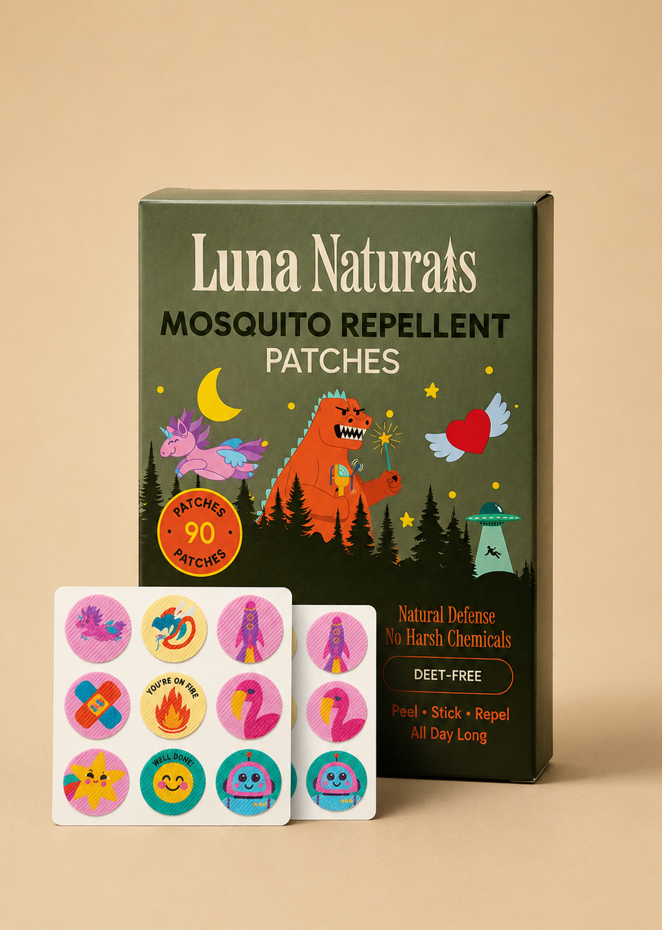 Luna Naturals mosquito repellent patches packaging with colorful designs on a beige background