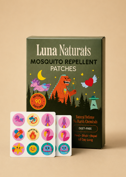 Luna Naturals mosquito repellent patches packaging with colorful designs on a beige background