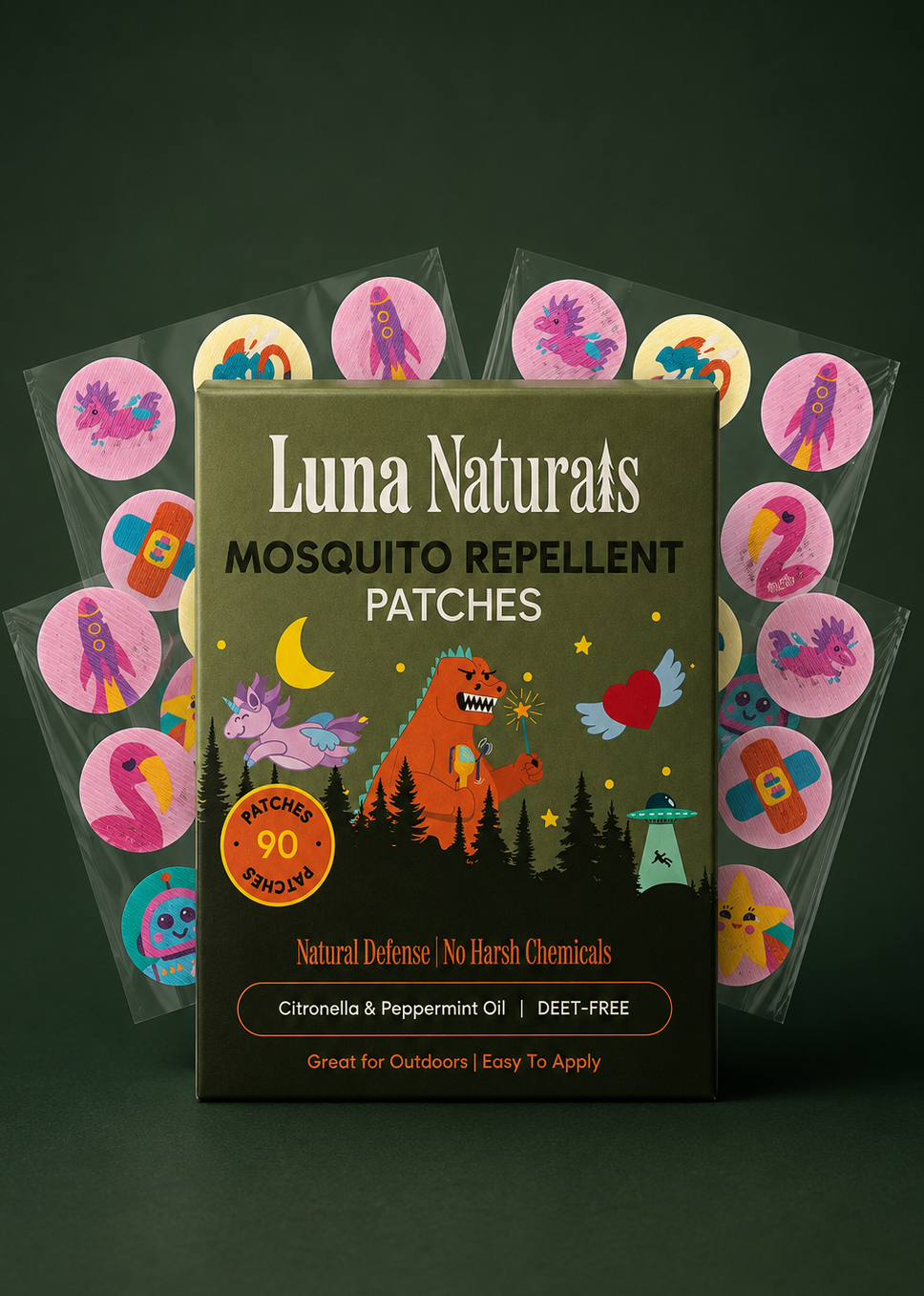 Luna Naturals mosquito repellent patches packaging on a dark green background