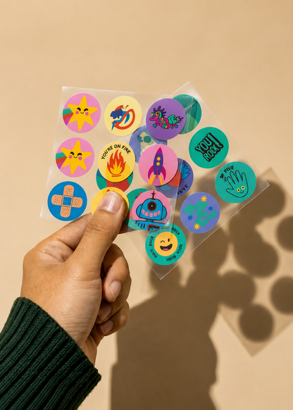Hand holding a clear plastic sheet with colorful stickers against a beige background