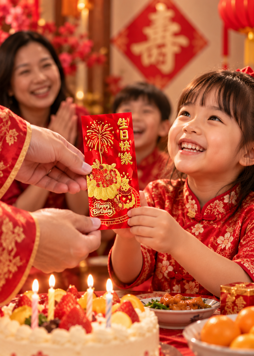 A young girl in a red floral traditional Chinese outfit smiles as an adult hands her a red Chinese New Year envelope with gold details and Chinese characters. A woman and a boy are blurred in the background, and a birthday cake with lit candles, oranges, and festive decorations are visible in the foreground.