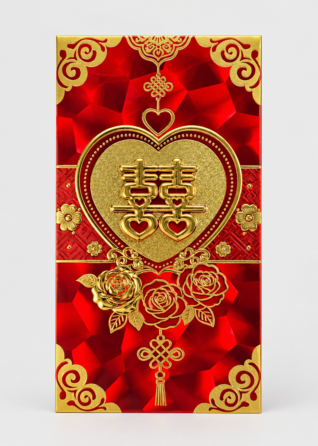 A red and gold Chinese wedding envelope or decorative card featuring a large gold heart with double happiness symbol, floral motifs, and ornate gold corner details on a light gray background.