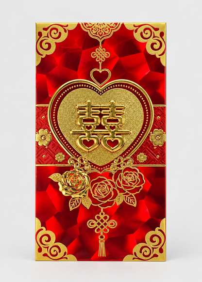 A red and gold Chinese wedding envelope or decorative card featuring a large gold heart with double happiness symbol, floral motifs, and ornate gold corner details on a light gray background.