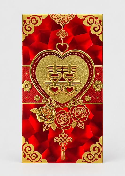 A red and gold Chinese wedding envelope or decorative card featuring a large gold heart with double happiness symbol, floral motifs, and ornate gold corner details on a light gray background.