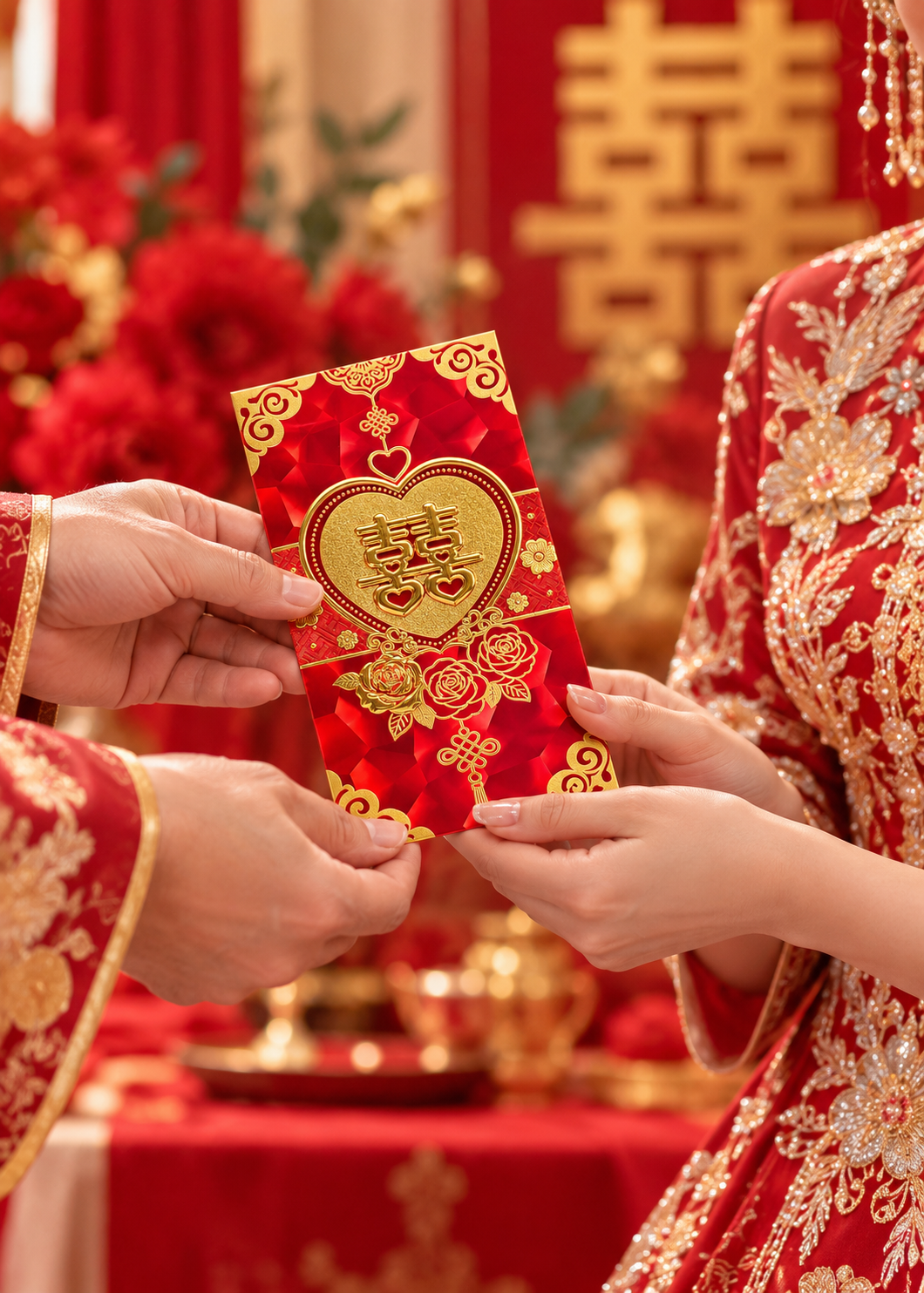 A close-up of a red Chinese wedding envelope with gold embroidery and a gold double happiness symbol, held by hands wearing red and gold embroidered traditional wedding attire.