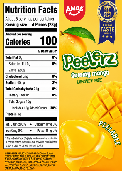 Amos PeelFiz Gummy Mango candy packaging with nutrition facts label on a bright yellow background.