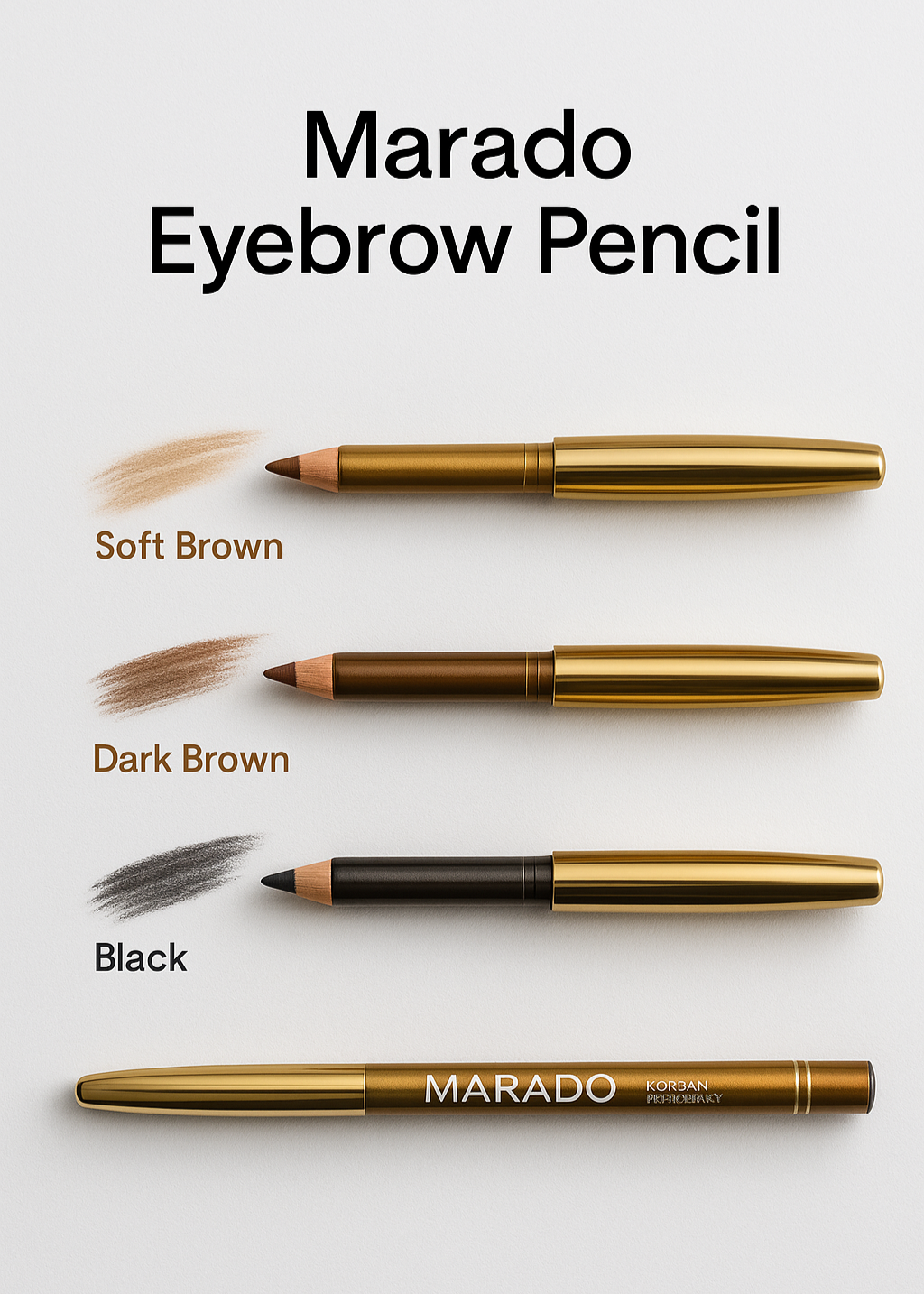 Marado eyebrow pencils in soft brown, dark brown, and black on a white background