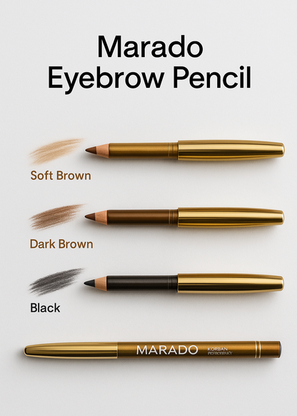 Marado eyebrow pencils in soft brown, dark brown, and black on a white background