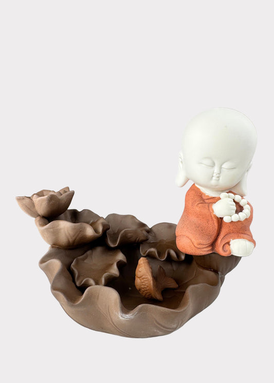 Monk with Koi Incense Fountain - Cone Incense Fountain - Ceramic