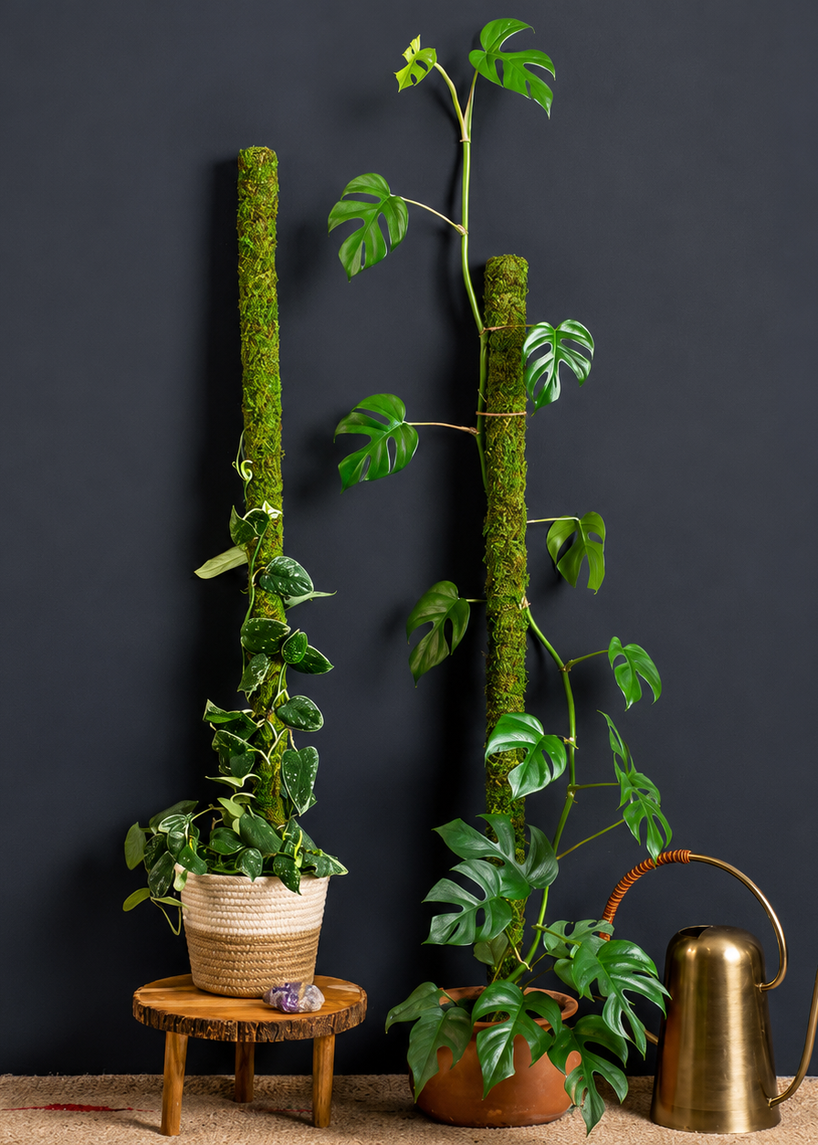 Two potted plants with moss-covered stems on a dark wall background