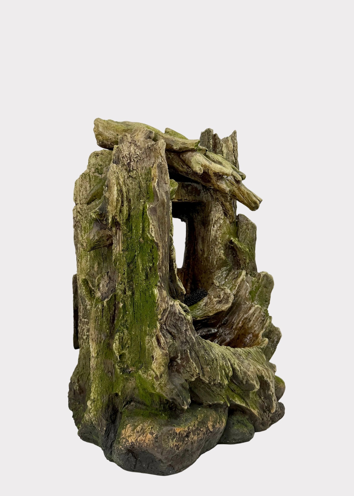 Mossy wooden log structure on a white background