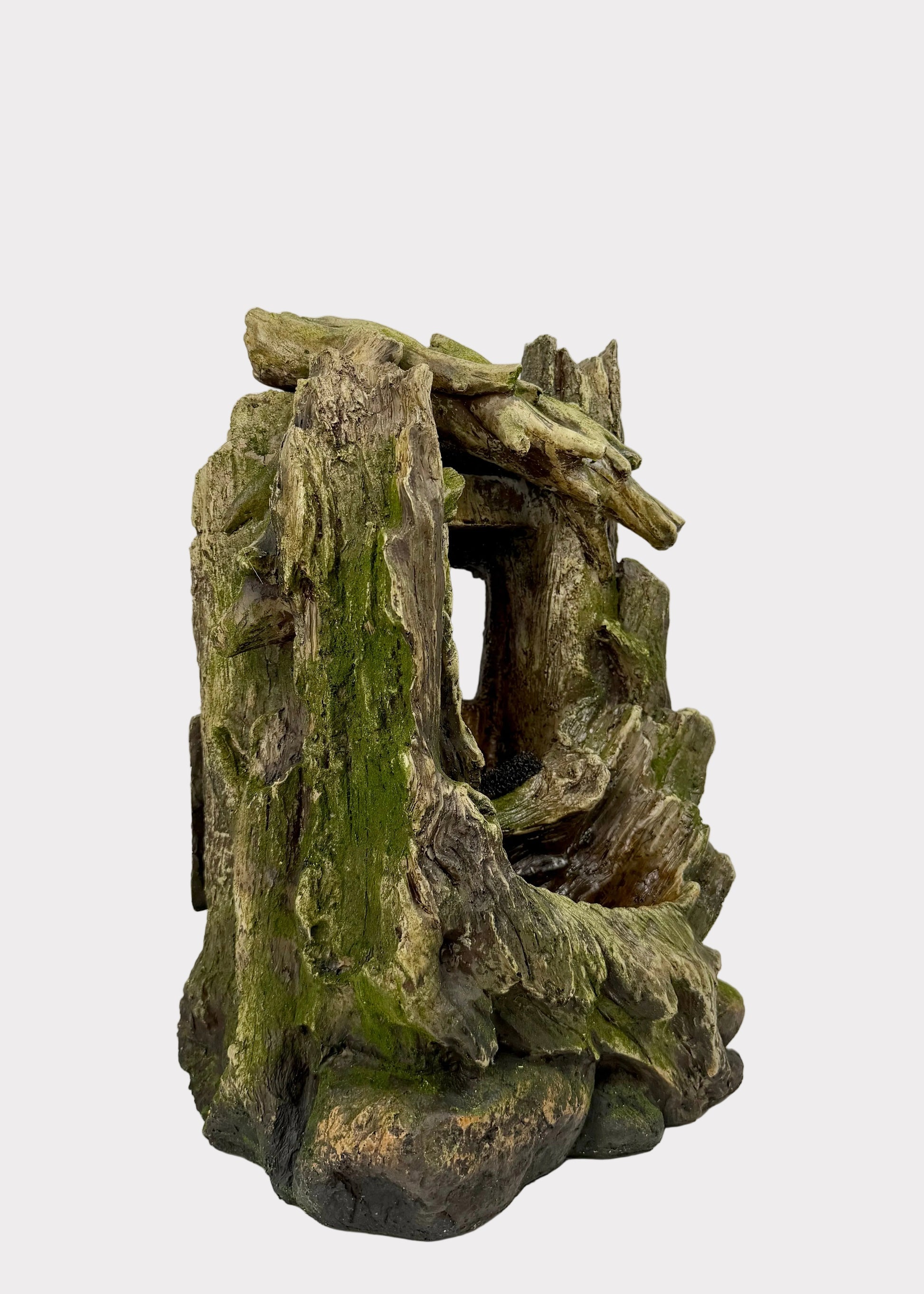 Mossy wooden log structure on a white background