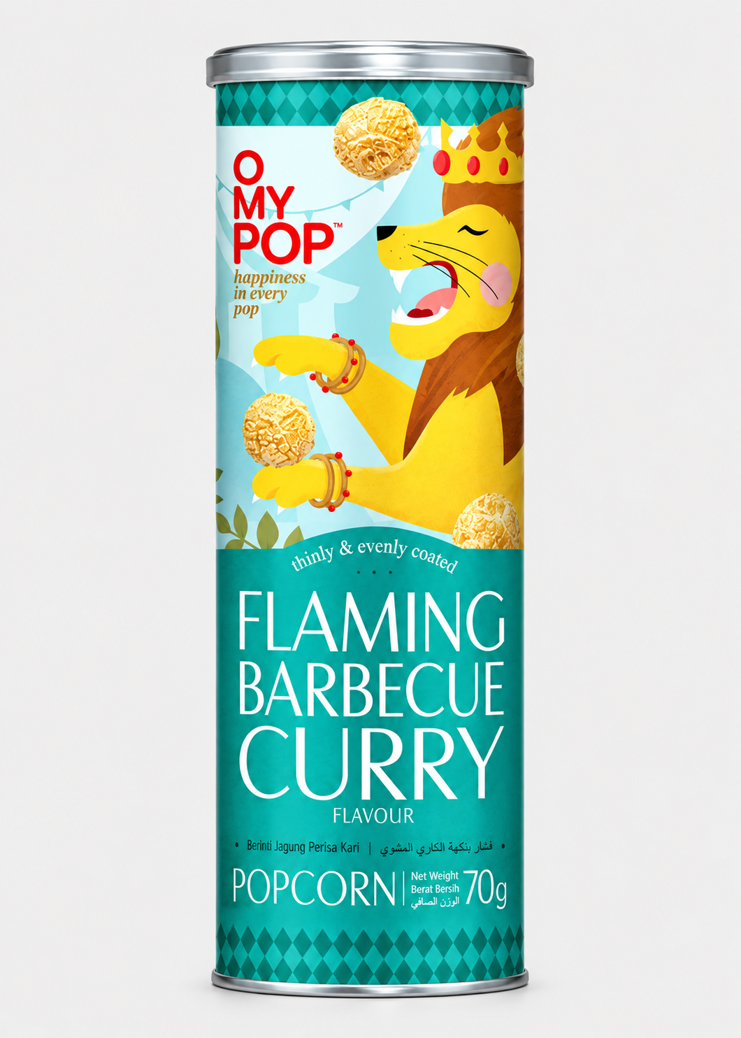 A tall cylindrical canister of O My Pop Flaming Barbecue Curry Popcorn, featuring a colorful illustration of a lion wearing a crown on a teal background, set against a plain light gray studio backdrop.