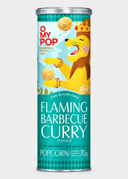 A tall cylindrical canister of O My Pop Flaming Barbecue Curry Popcorn, featuring a colorful illustration of a lion wearing a crown on a teal background, set against a plain light gray studio backdrop.