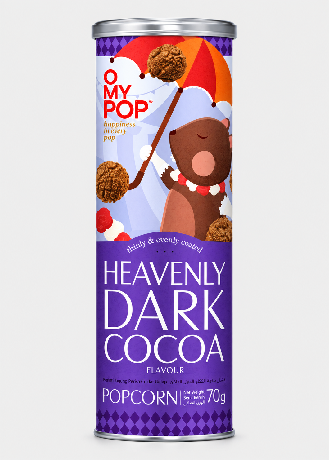 A tall cylindrical canister of O My Pop Heavenly Dark Cocoa Flavour Popcorn, featuring a purple label with a cartoon brown bear holding an umbrella and chocolate-coated popcorn kernels illustrated.