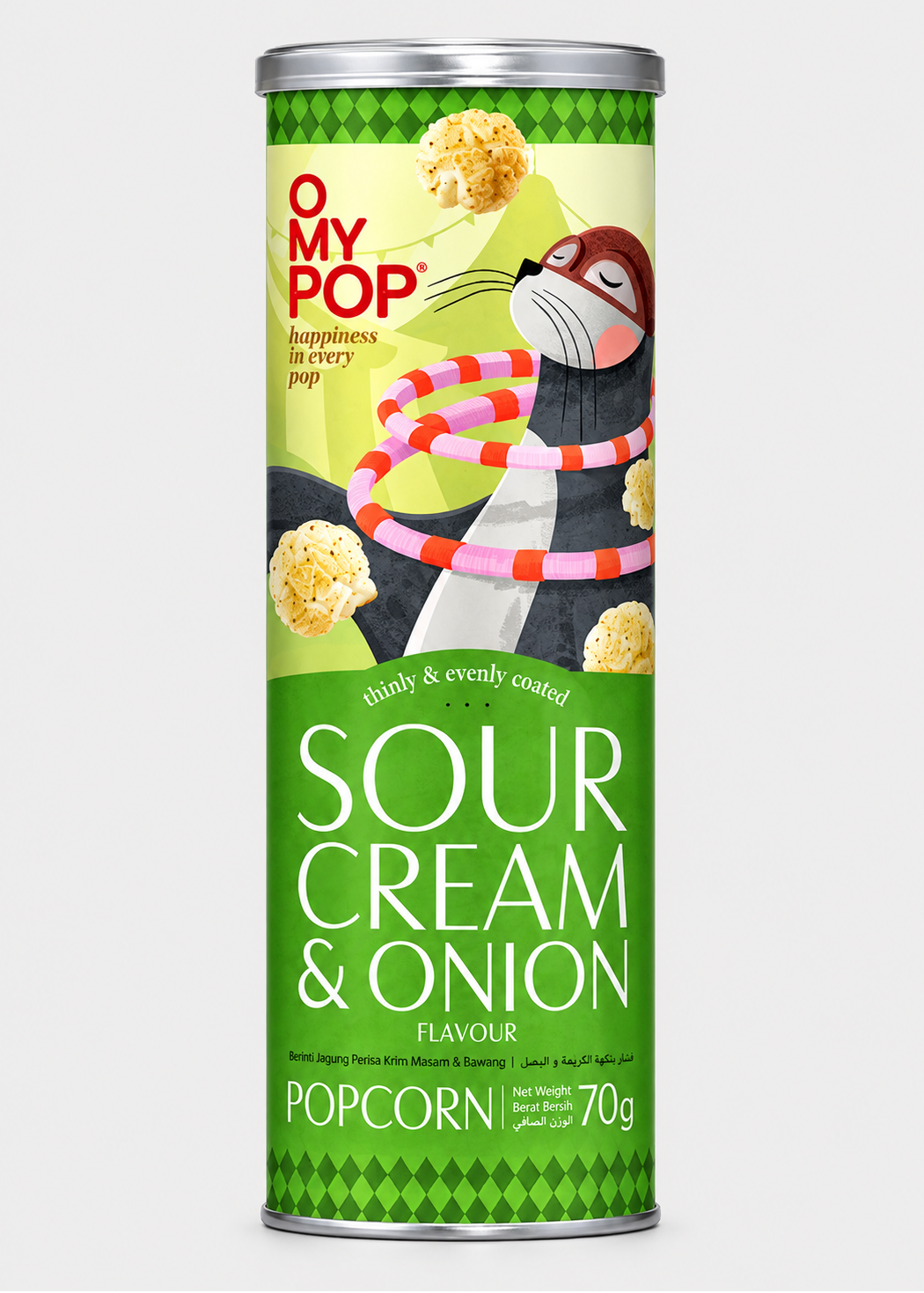 A tall cylindrical tin of O My Pop Sour Cream & Onion Flavour Popcorn, featuring a green and cream label with an illustration of a seal wearing a mask and colorful hula hoops, on a light gray background.
