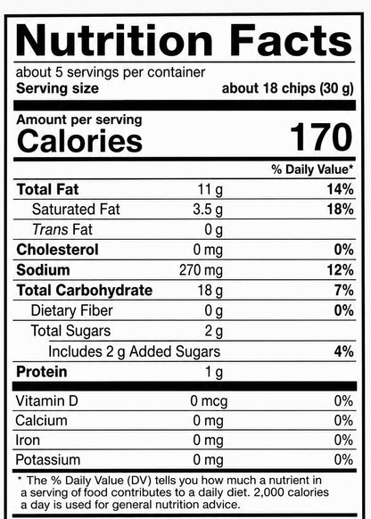 A Nutrition Facts label showing a serving size of 18 chips (30 g) with 170 calories and a detailed nutrient breakdown on a black background.
