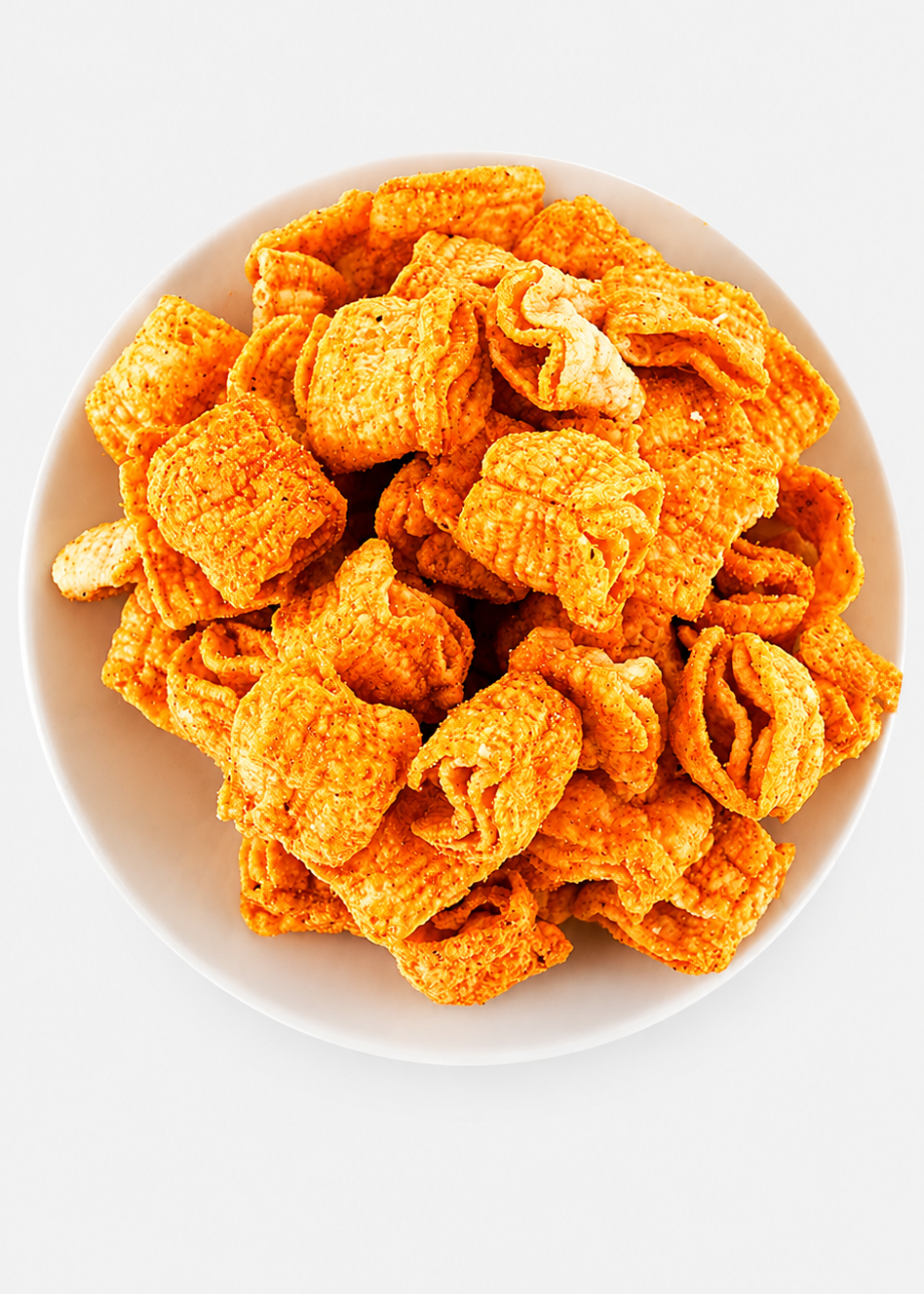 A pile of golden-orange crispy fried snacks or chips served on a white plate against a light gray background.