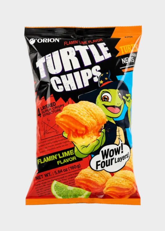 A bag of Orion Turtle Chips in Flamin' Lime flavor, featuring a cartoon turtle character and a lime wedge on the packaging, set against a plain light gray background.