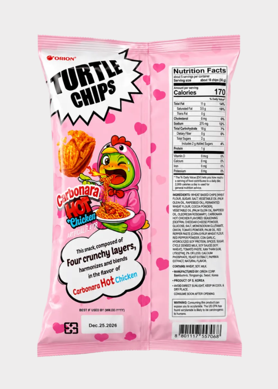 Orion Turtle Chips Carbonara Hot Chicken Flavor 160g - Korean 4-Layer Crunchy Corn & Wheat Snack