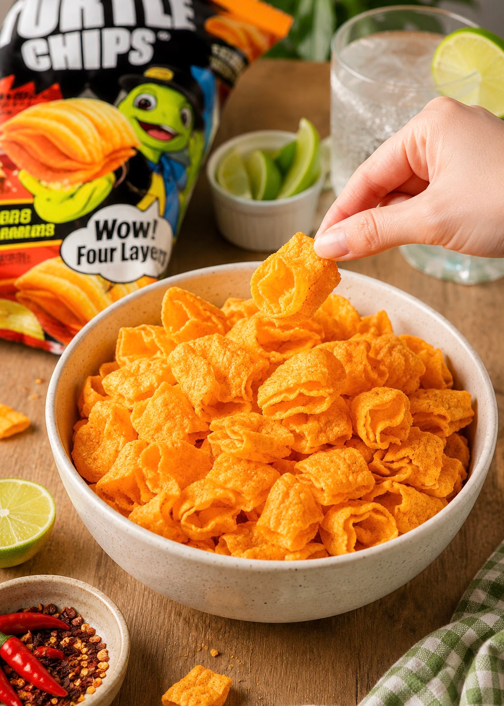 A bowl of orange Turtles Chips is shown on a wooden table with a hand reaching for a chip. The bag of Turtles Chips is visible in the background along with lime wedges, a glass of iced drink, and small bowls of chili flakes and spices.