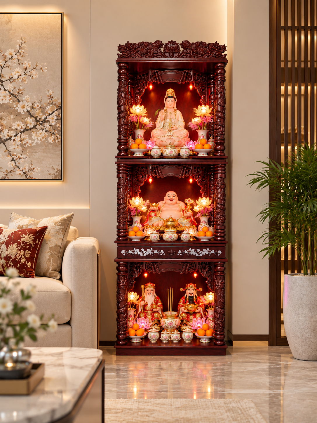 32" Three-Tier Wooden Cabinet Altar - Dark Red with Dragon & Lotus Carvings