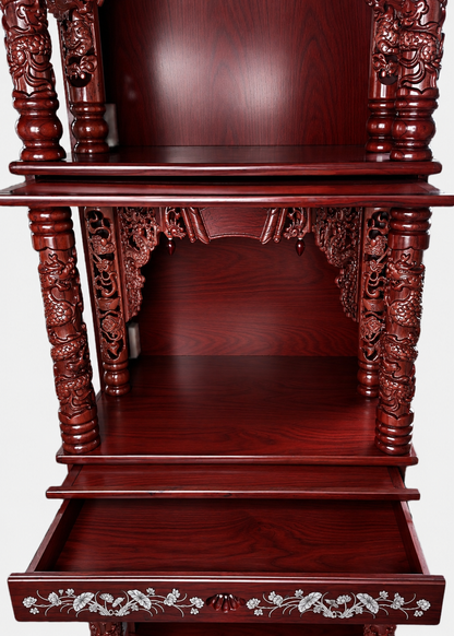 32" Three-Tier Wooden Cabinet Altar - Dark Red with Dragon & Lotus Carvings