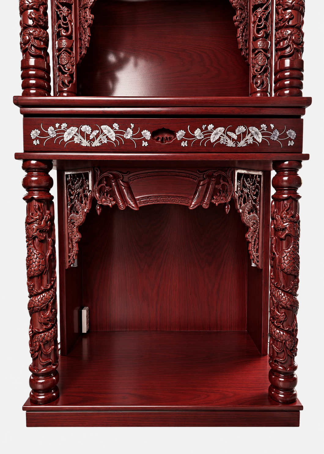 32" Three-Tier Wooden Cabinet Altar - Dark Red with Dragon & Lotus Carvings