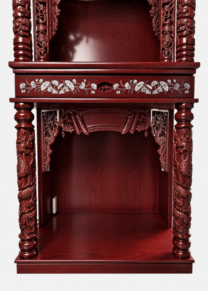 32" Three-Tier Wooden Cabinet Altar - Dark Red with Dragon & Lotus Carvings