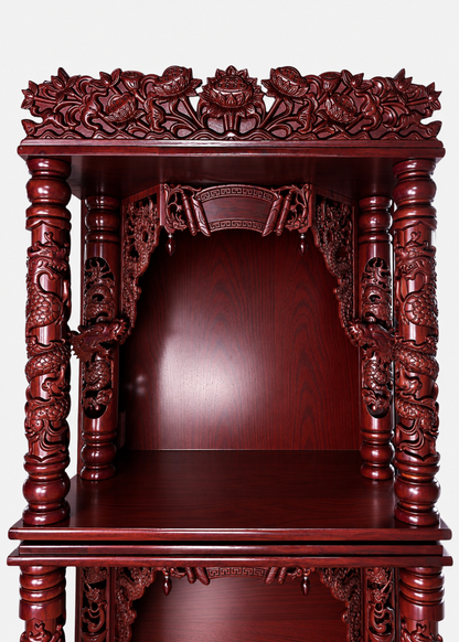 32" Three-Tier Wooden Cabinet Altar - Dark Red with Dragon & Lotus Carvings