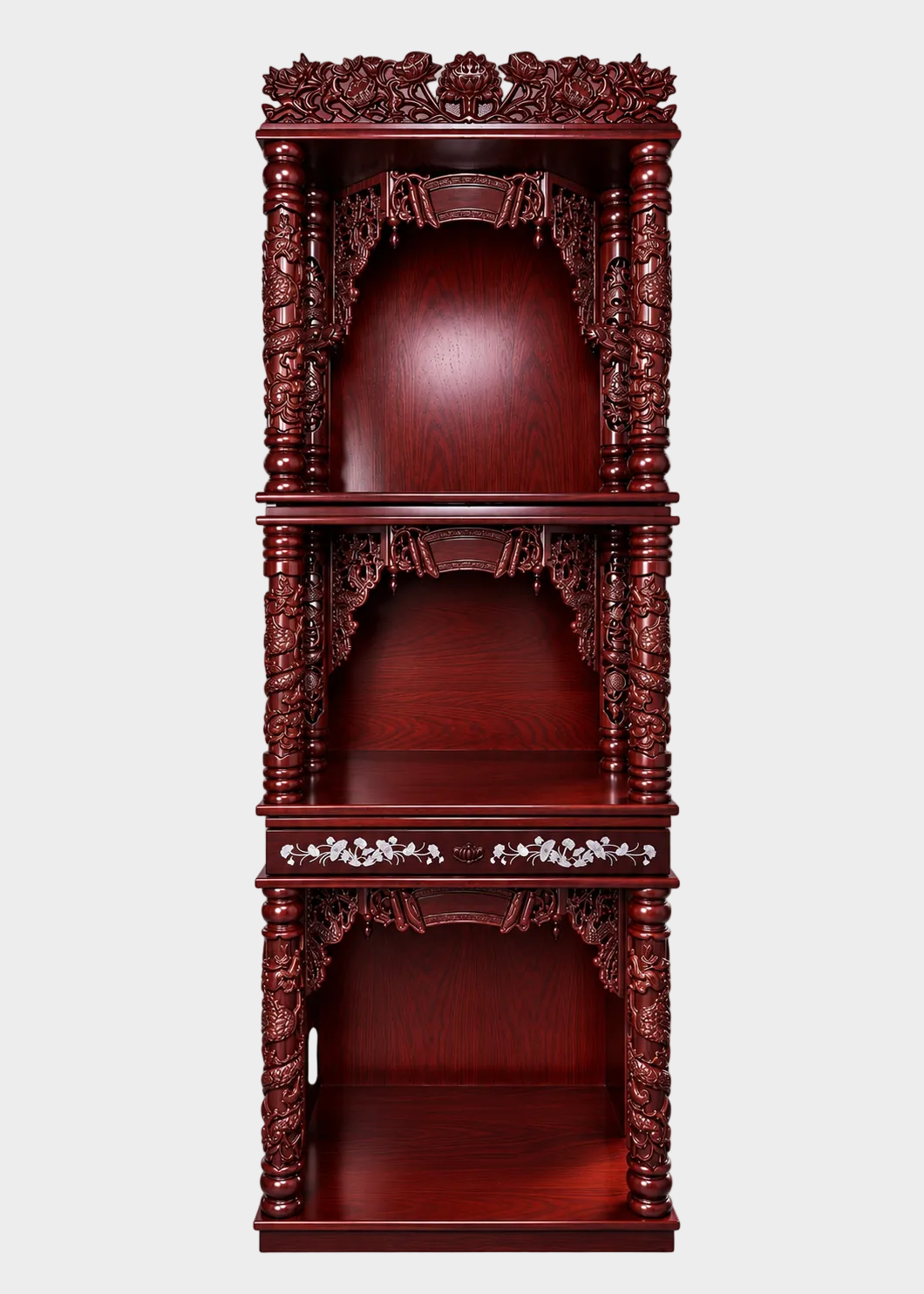 32" Three-Tier Wooden Cabinet Altar - Dark Red with Dragon & Lotus Carvings
