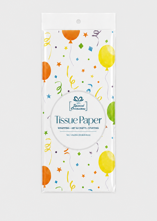 Pack of tissue paper with colorful balloon design on a white background