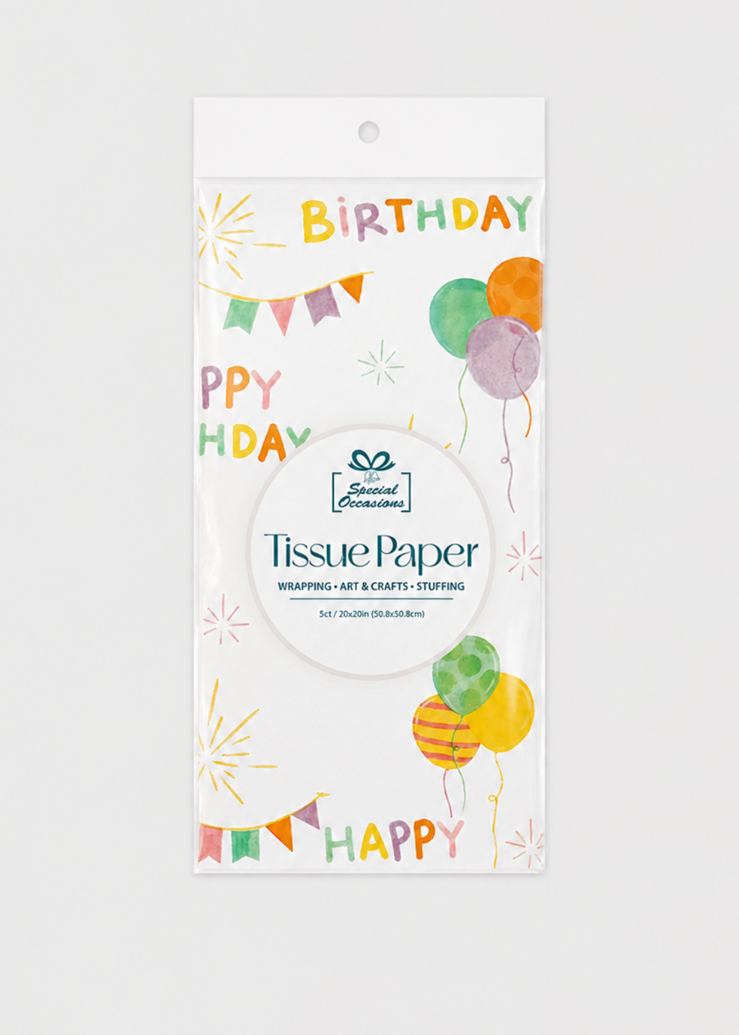 Pack of birthday-themed tissue paper with colorful designs on a white background